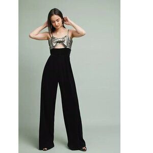 Anthropologie Petersyn Ethan Velvet Bow Jumpsuit, silver and black, sz medium